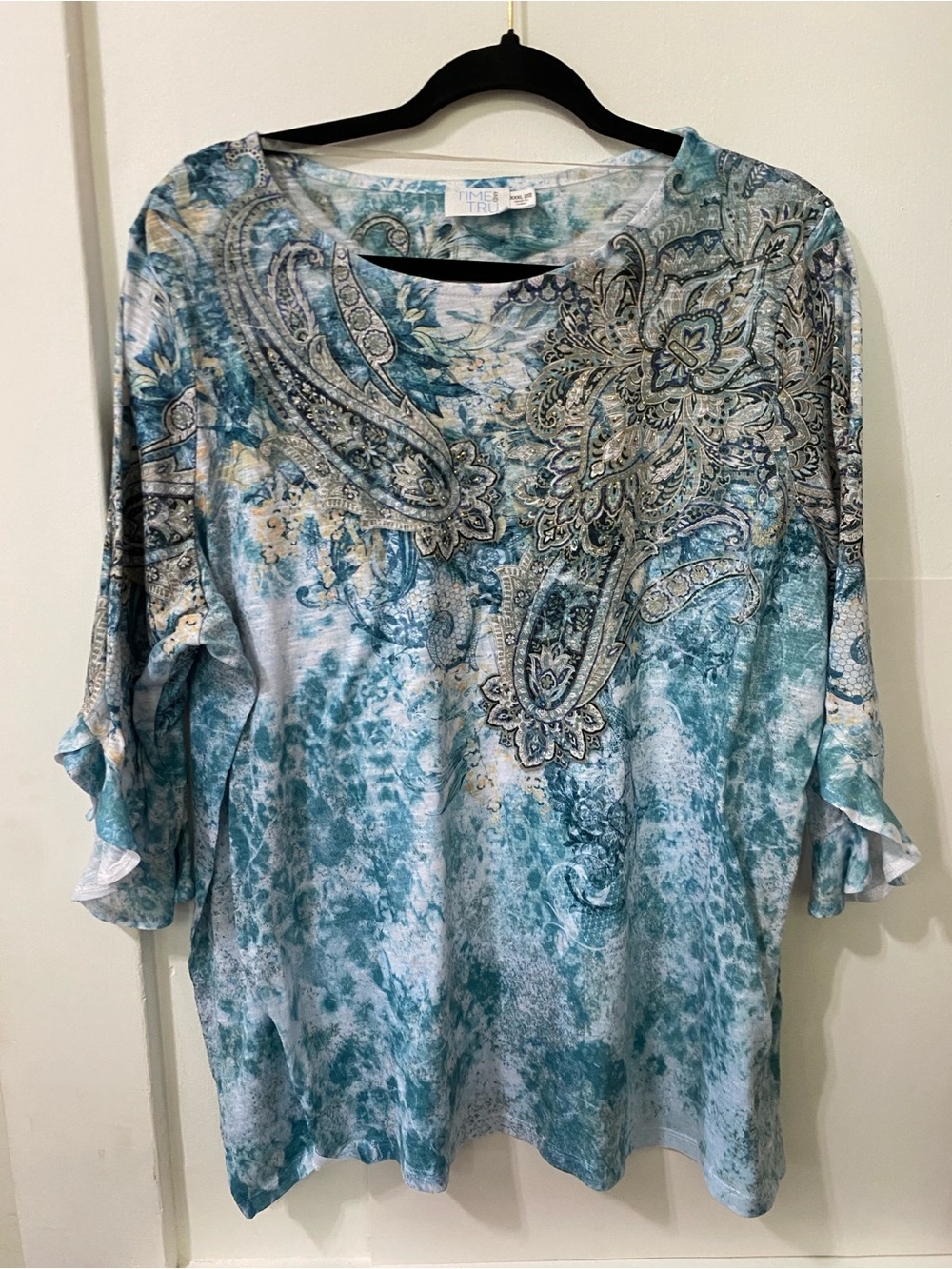 Time and Tru Teal and White Paisley Print Ruffle Sleeve Top